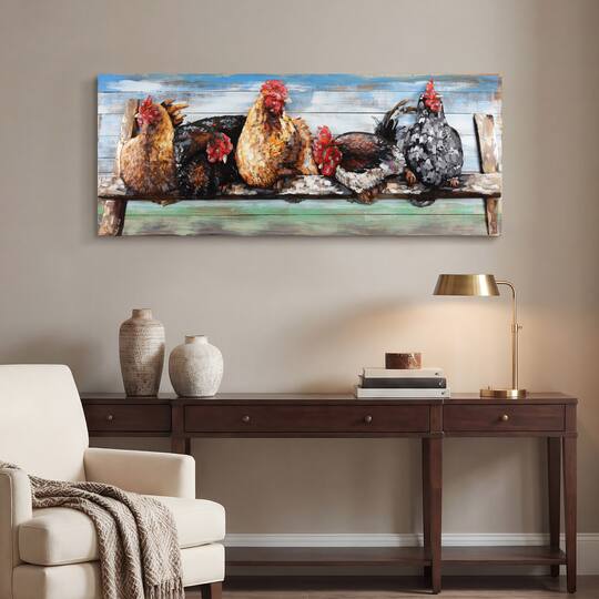 Empire Art Direct 24" x 60" Chickens Hand-painted Iron Wall Sculpture with Solid Wood Frame